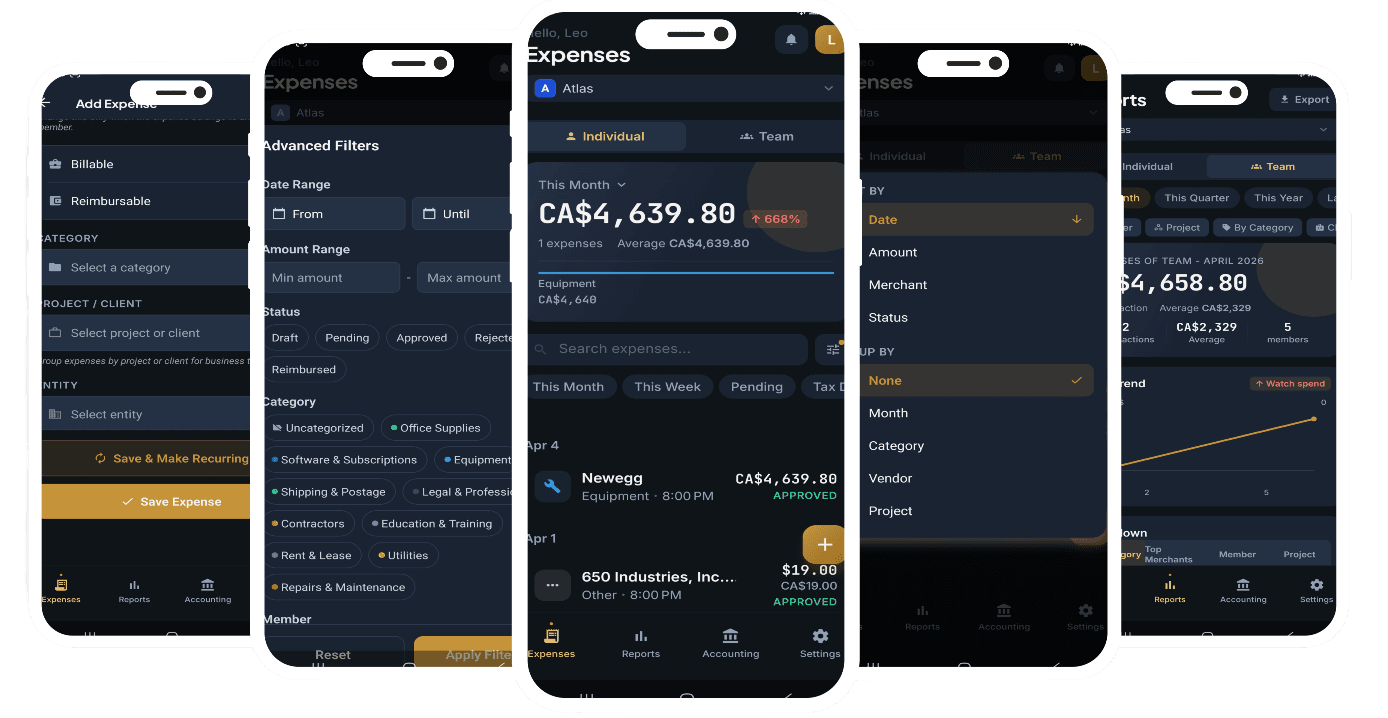 Nomad receipt and expense screens, shown in English.
